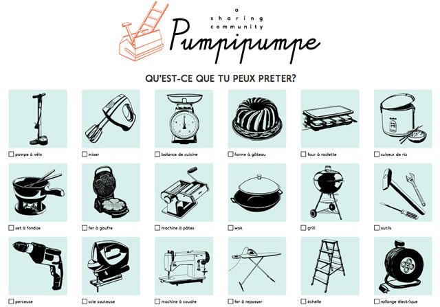 Picture of examples of the Pumpipumpe stickers. There are stickers for bike pump, wok, grill, ladder, and many other items. 